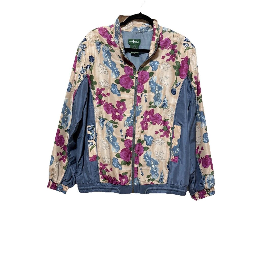 Vintage Hunt Club Silk Floral Windbreaker Jacket Blue Pink Large Retro 90s